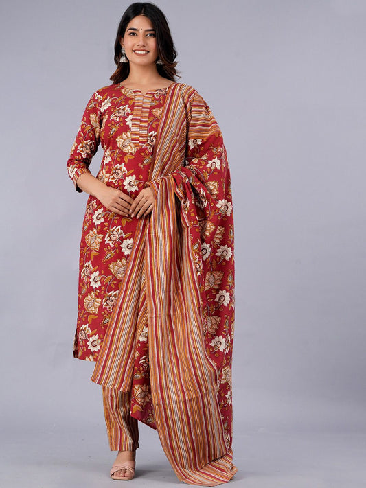 Dhiyona KL Ethnic Motifs Printed Pure Cotton Kurta With Trousers & With Dupatta