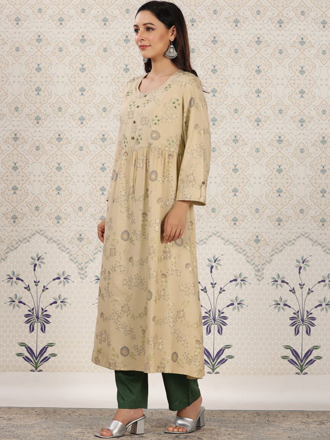 Dhiyona OD  Ethnic motifs Printed Mirror Work Detailed A-Line Kurta