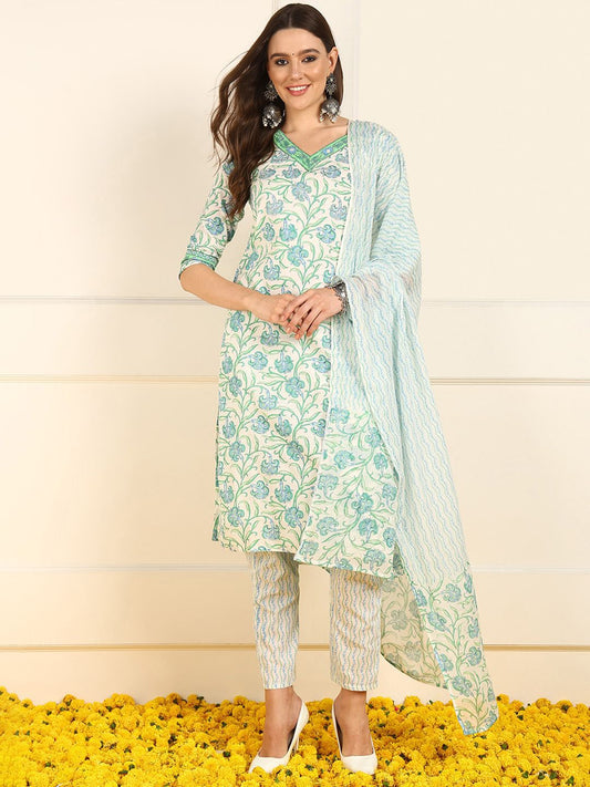 Dhiyona KL Floral Printed Regular Pure Cotton Kurta With Trousers & Dupatta