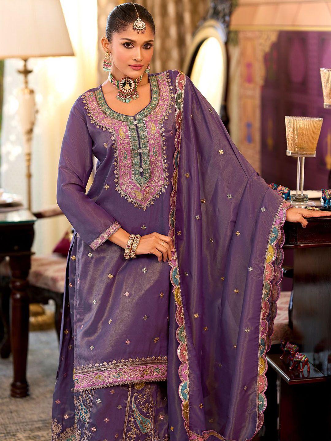 Dhiyona IE Floral Embroidered Sequinned Straight Kurta With Palazzos & Dupatta