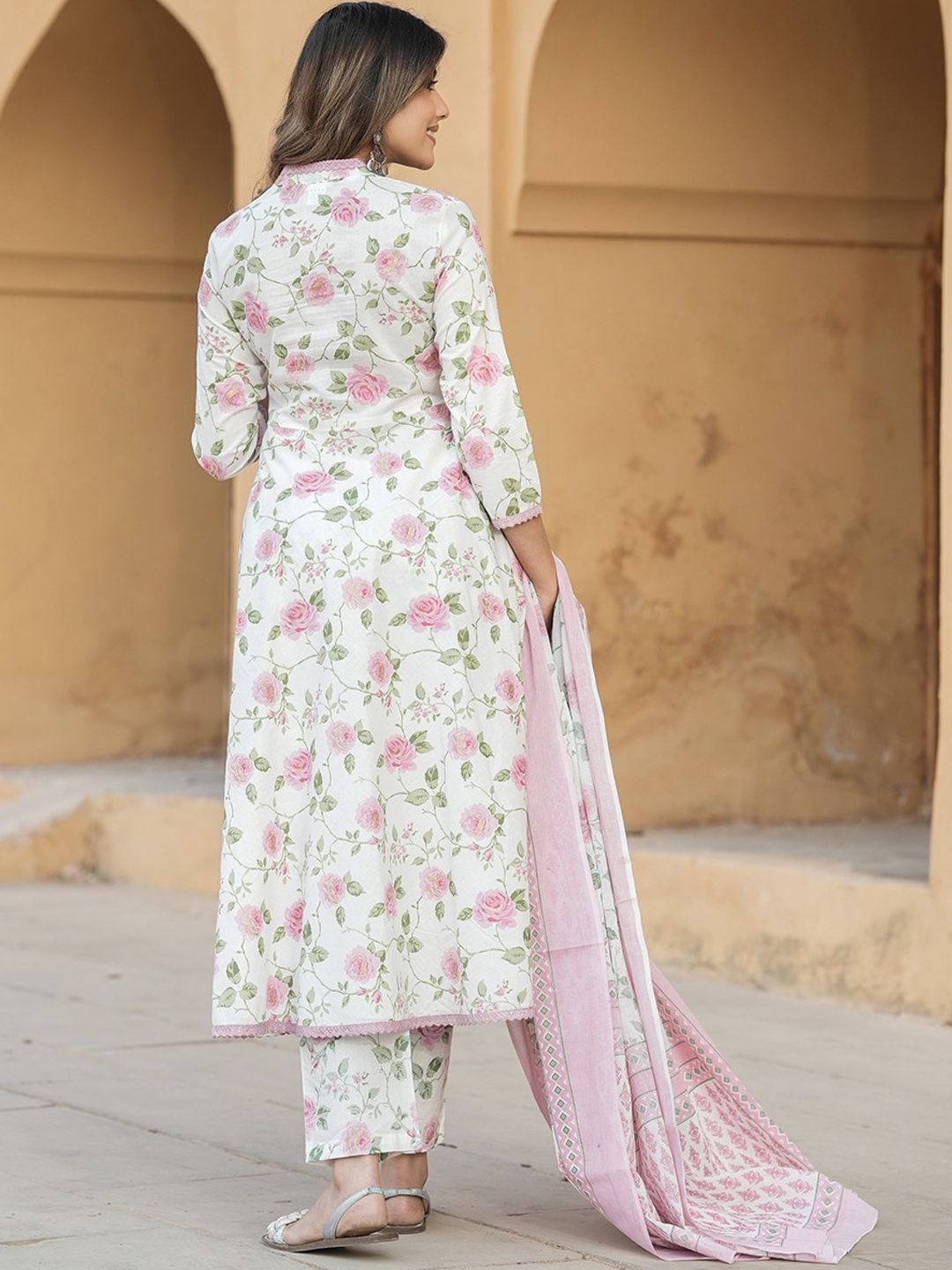 Dhiyona KL V Neck Floral Printed Cotton Anarkali Kurta with Trouser & Dupatta
