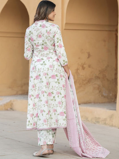 Dhiyona KL V Neck Floral Printed Cotton Anarkali Kurta with Trouser & Dupatta