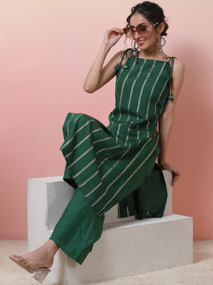 Striped Sleeveless Chanderi Silk Straight Kurta With Palazzos