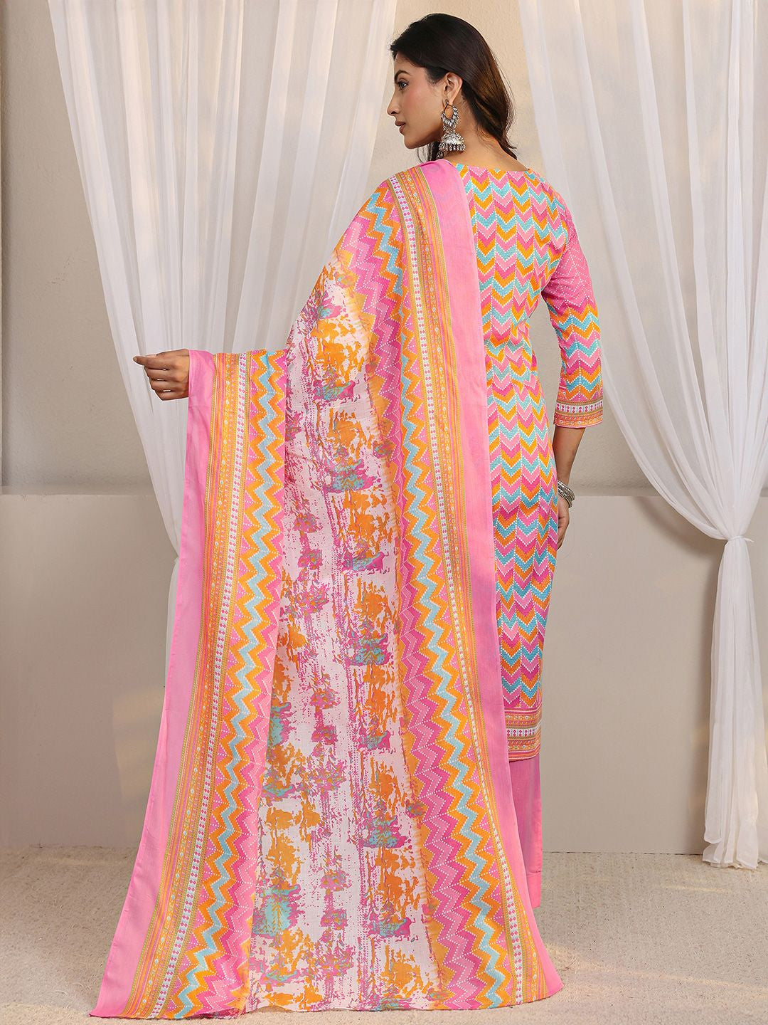 Libas Pink Chevron Printed Straight Suit Set with Dupatta