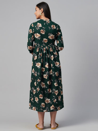 Dhiyona AY Women's Green & Beige Floral Print Cotton Maternity A-Line Dress