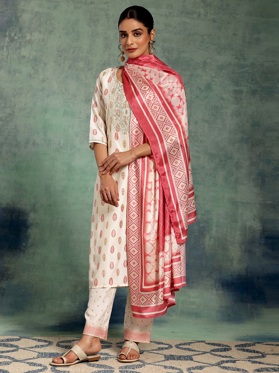 White Floral Printed Thread Work Straight Kurta With Palazzos & Dupatta