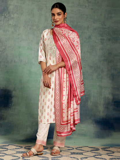 White Floral Printed Thread Work Straight Kurta With Palazzos & Dupatta