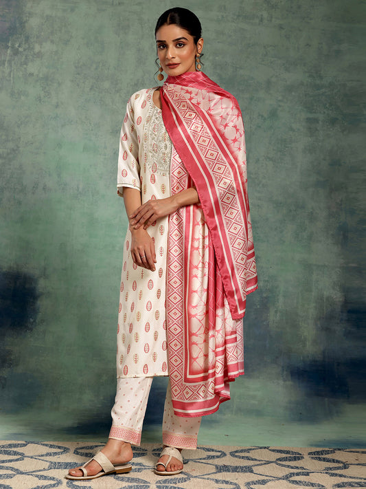 White Floral Printed Thread Work Straight Kurta With Palazzos & Dupatta