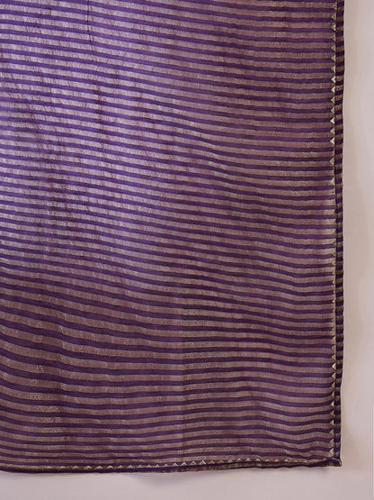Purple Floral Embroidered Round Neck Straight Kurta With Trouser And Dupatta