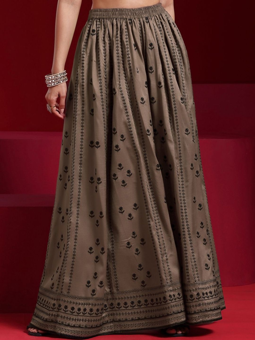 Dhiyona LL Womens Brown Embroidered A-Line Kurta With Sharara & Dupatta