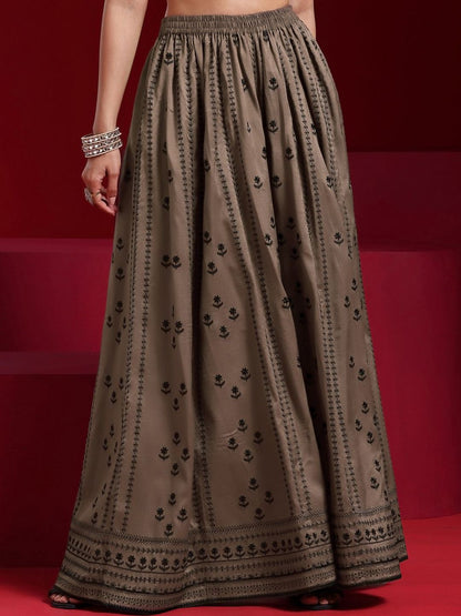 Dhiyona LL Womens Brown Embroidered A-Line Kurta With Sharara & Dupatta