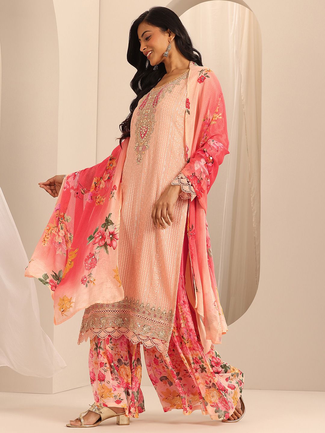 Dhiyona LL Womens Peach Embroidered Georgette Straight Kurta With Sharara & Dupatta