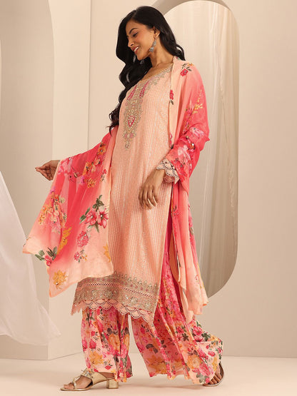 Dhiyona LL Womens Peach Embroidered Georgette Straight Kurta With Sharara & Dupatta