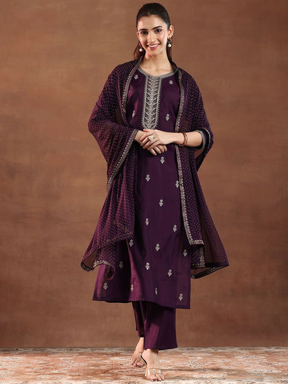 Women Floral Embroidered Regular Kurta with Trousers & With Dupatta