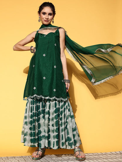 Dhiyona VA Women Green Embroidered Sequinned Kurta with Sharara & Dupatta