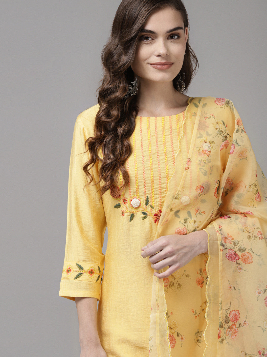 Women Yellow Floral Yoke Design Regular Kurta with Trousers & With Dupatta