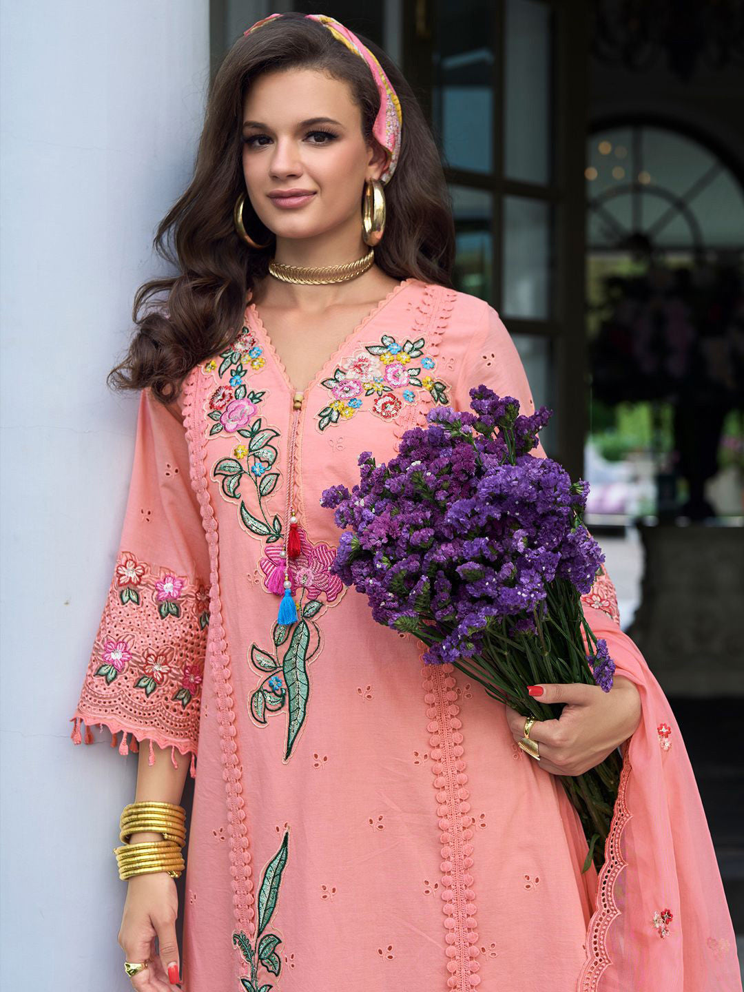Women Floral Embroidered Regular Sequinned Pure Cotton Kurta with Trousers & With Dupatta