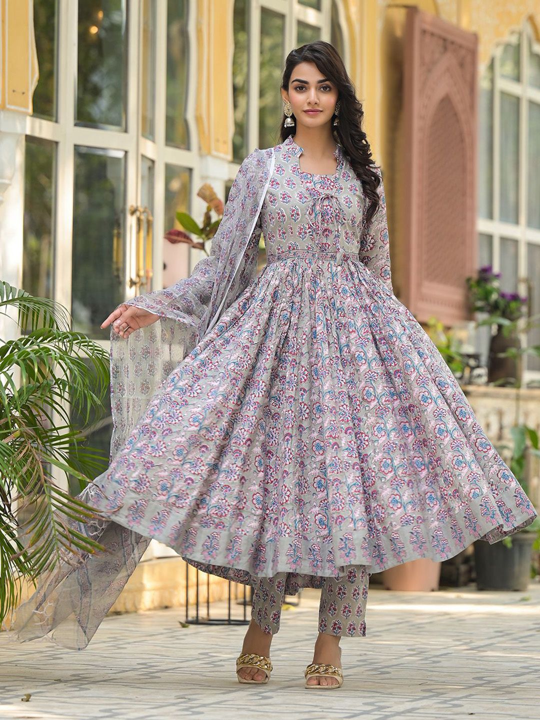 Dhiyona KL Floral Printed Pleated Pure Cotton Anarkali Kurta With Trousers & Dupatta