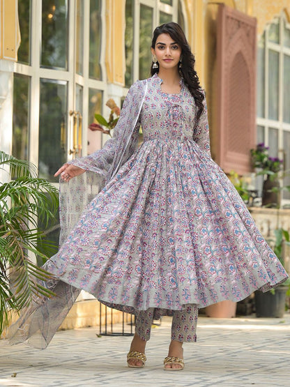 Dhiyona KL Floral Printed Pleated Pure Cotton Anarkali Kurta With Trousers & Dupatta