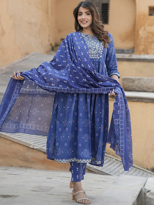 Dhiyona KL Bandhani Embroidered Round Neck Thread Work Pure Cotton Kurta Trousers & Dupatta