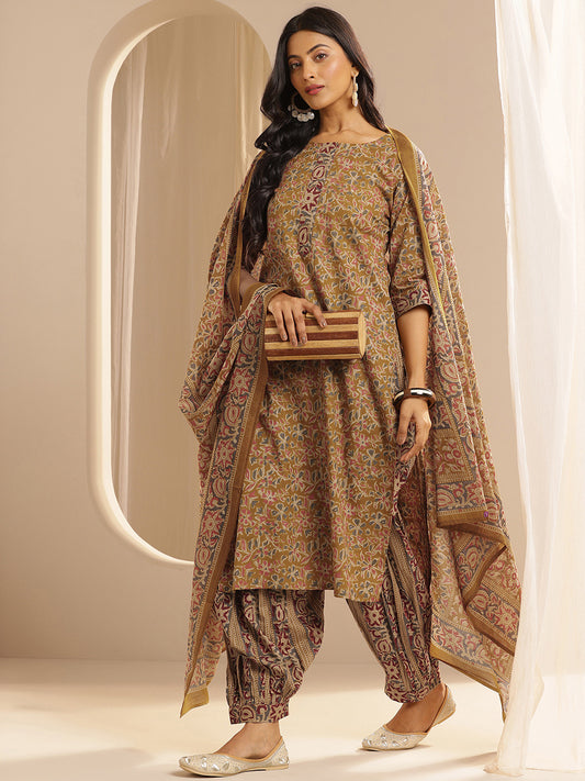 Floral Printed Thread Work Straight Kurta With Salwar & Dupatta