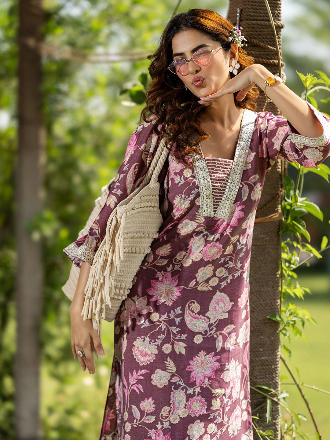 Floral Printed V-Neck Kurta With Trouser