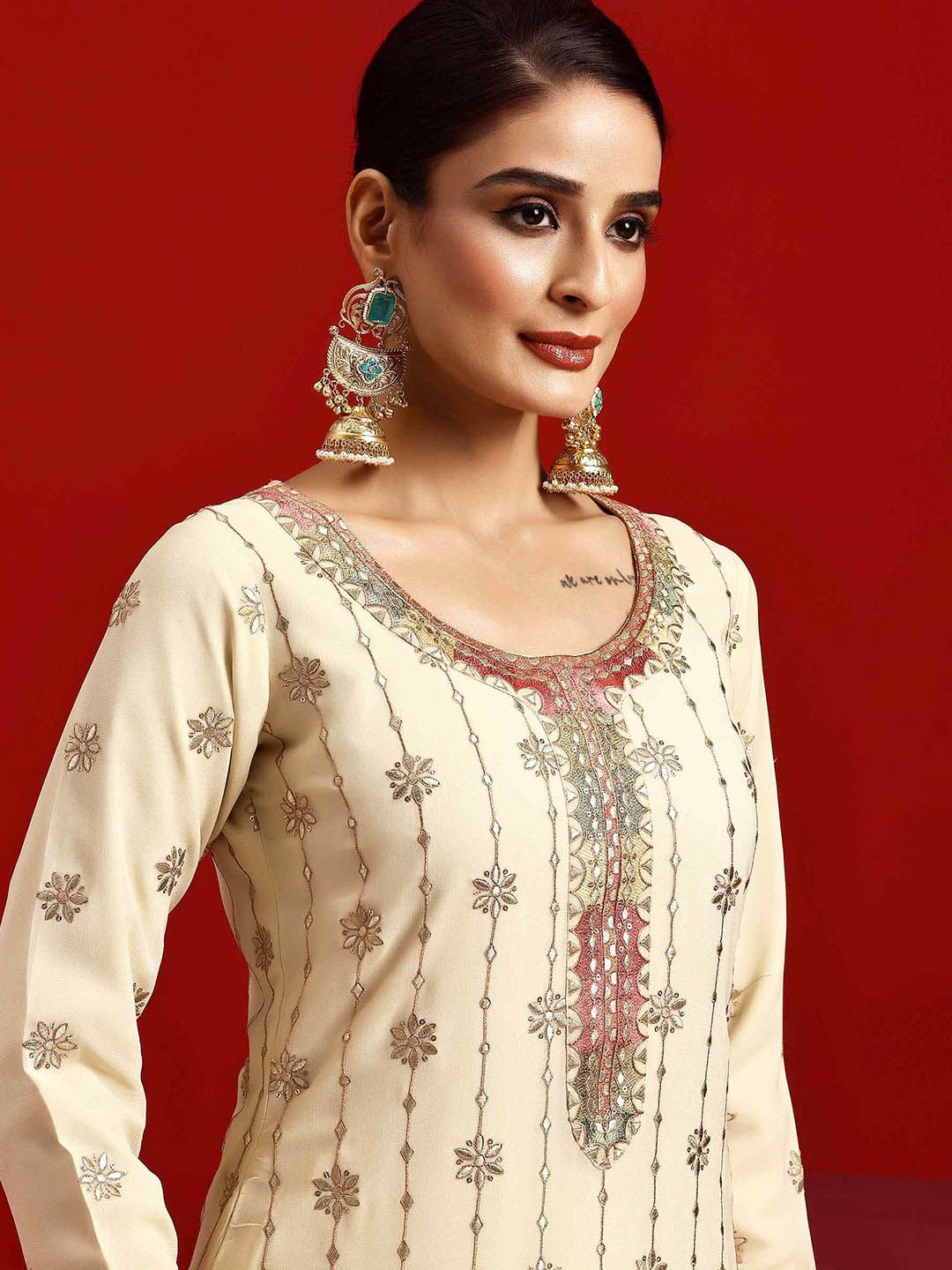 Dhiyona LL Ethnic Motifs Zari Embroidered Georgette Straight Kurta With Palazzos & Dupatta