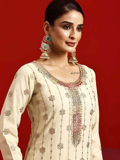 Dhiyona LL Ethnic Motifs Zari Embroidered Georgette Straight Kurta With Palazzos & Dupatta