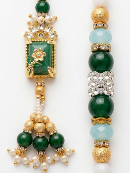 Dhiyona Set Of 2 Green Artificial Beads Traditional Bhaiya Bhabhi Rakhi With Roli Chawal