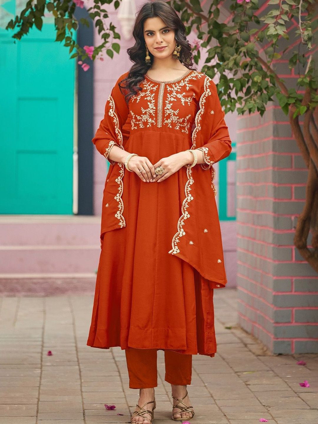 Women Ethnic Motifs Embroidered Regular Thread Work Kurta with Trousers & With Dupatta