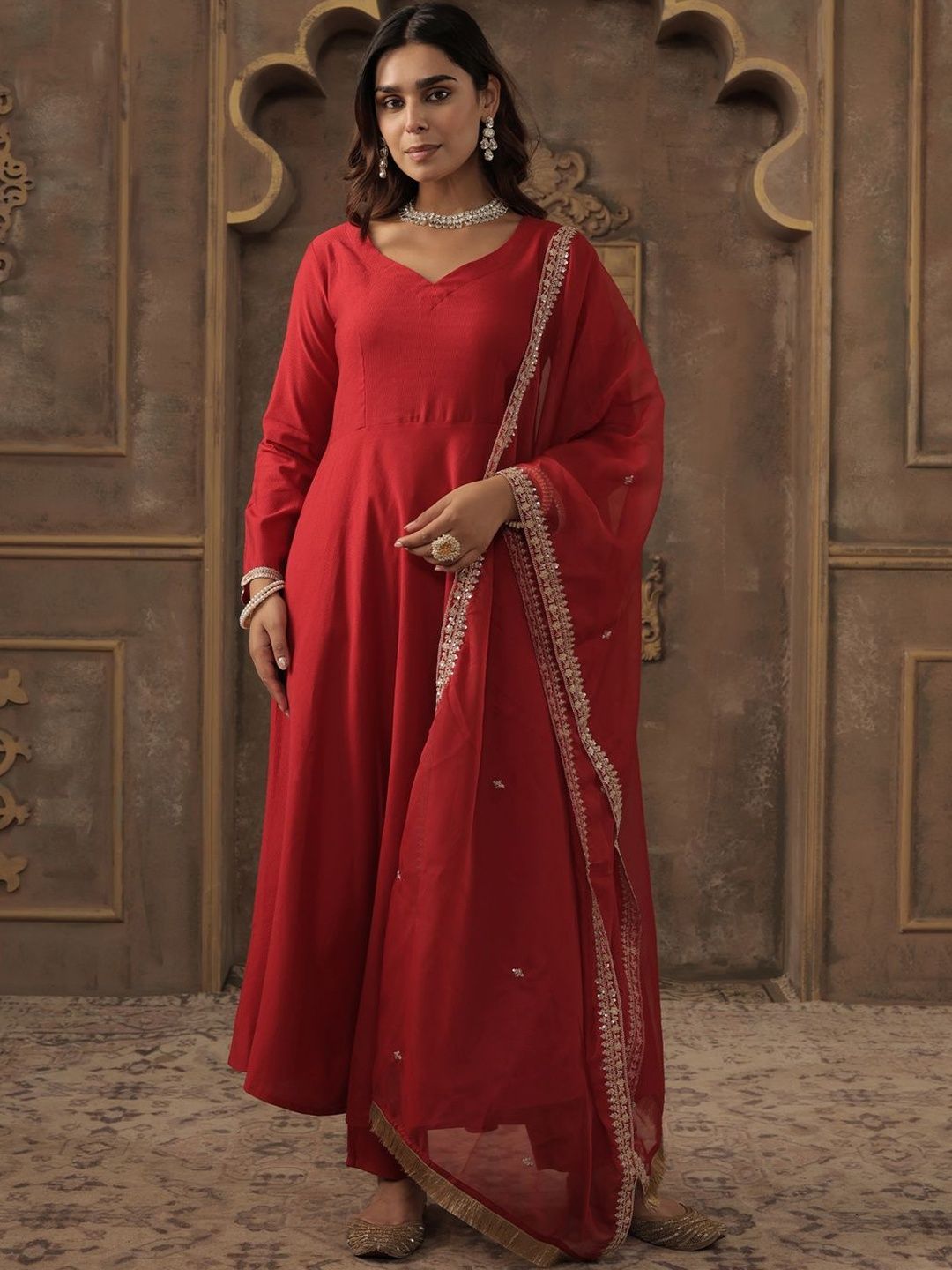 Dhiyona IE Liva Sweetheart Neck Anarkali Kurta With Trousers & Dupatta