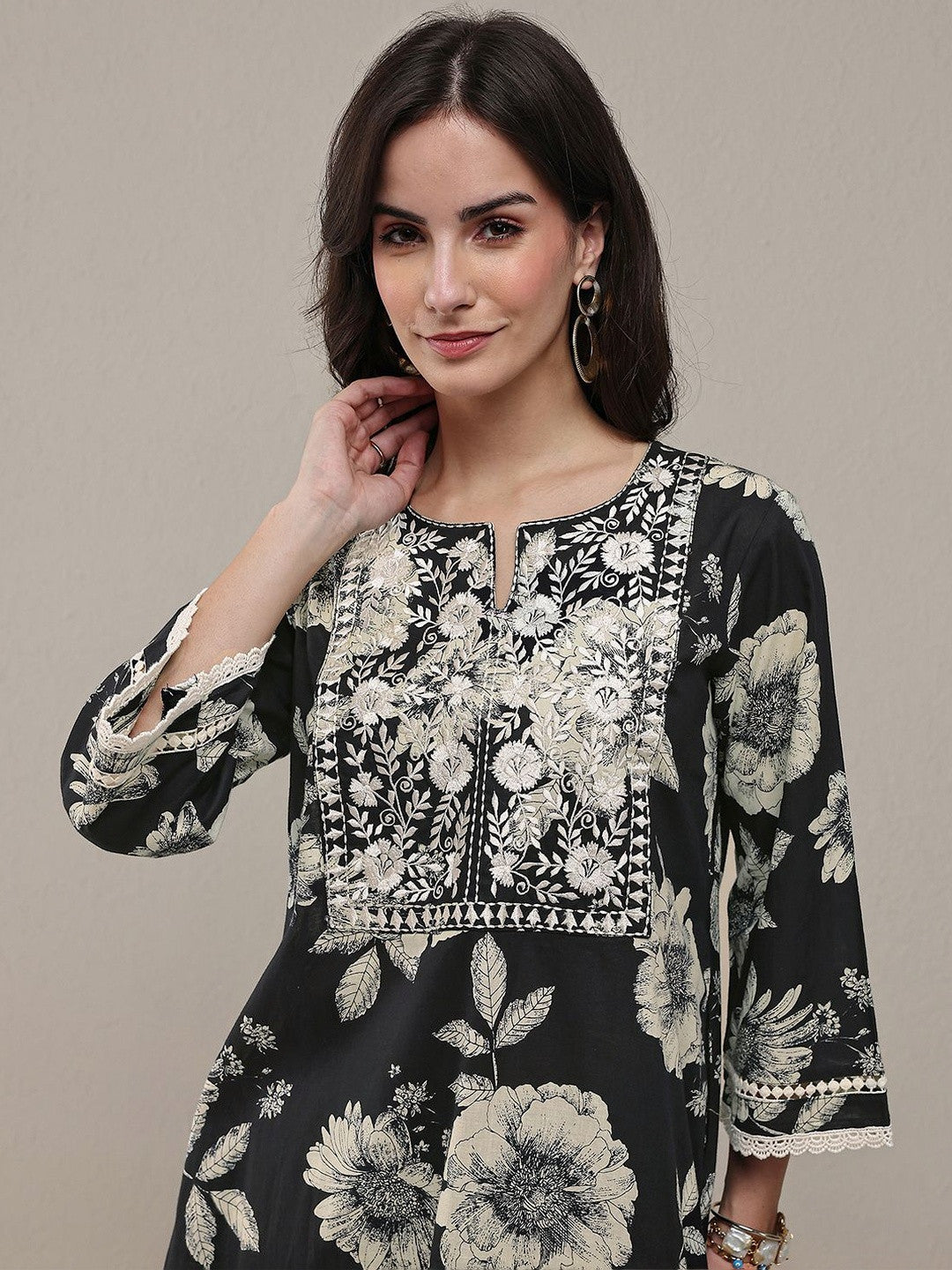 Black Floral Printed Cotton Straight Kurta Set
