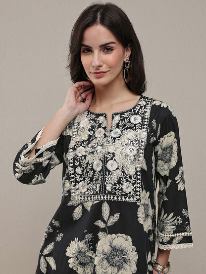 Black Floral Printed Cotton Straight Kurta Set