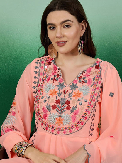 Dhiyona KL Floral Embroidered V-Neck Cuffed Sleeves Thread Work Kurta ,Palazzos & Dupatta
