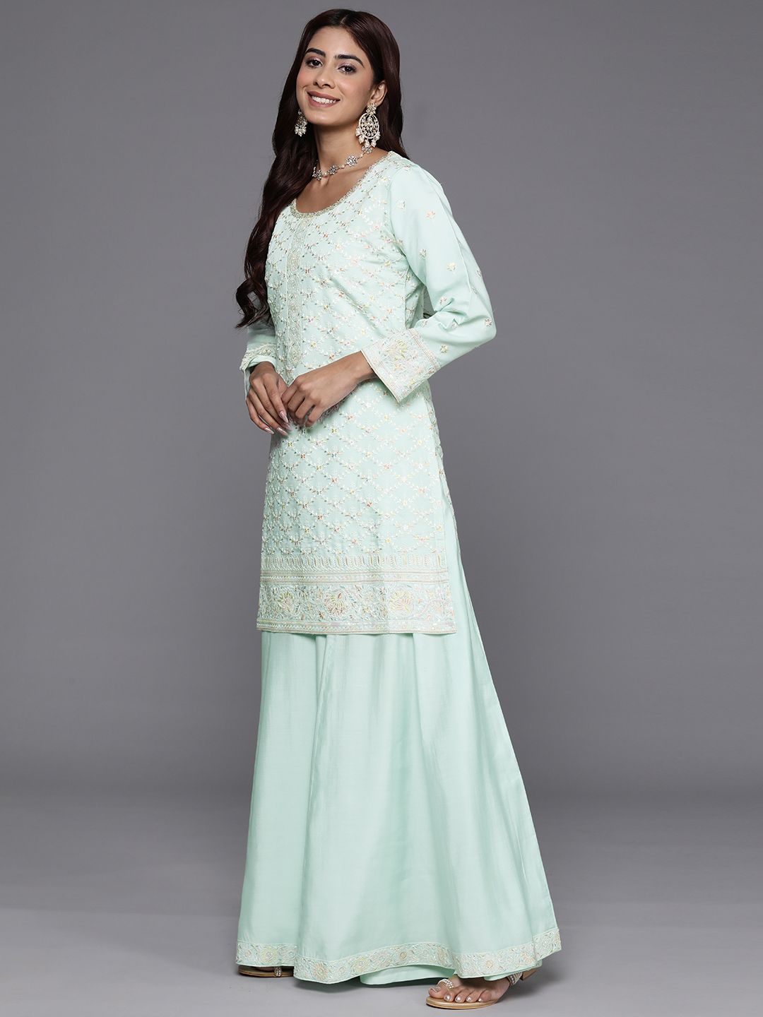 Dhiyona LL Floral Embroidered Beads & Stones Kurti with Palazzos & Dupatta