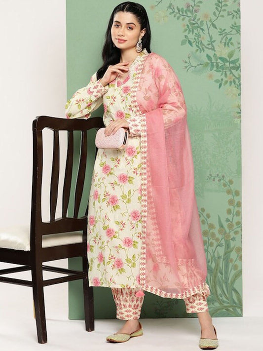 Dhiyona KL Floral Printed V-Neck Pure Cotton Straight Kurta with Patiala & Dupatta