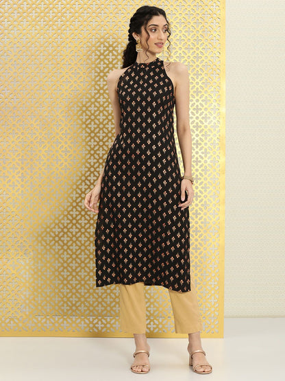 Dhiyona OD  Women Black Floral Printed Halter Neck Pure Cotton Rozana Kurta