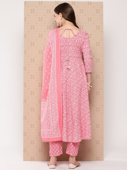 Dhiyona KL Pure Cotton Ethnic Motifs Printed Anarkali Kurta With Trousers & With Dupatta
