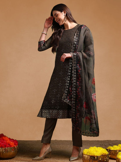 Dhiyona KL Floral Printed Sequinned Straight Organza Kurta with Trousers & Dupatta