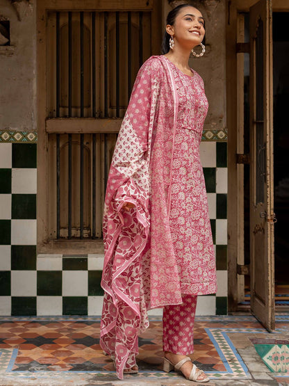 Dhiyona KL Floral Printed Round Neck Pure Cotton Straight Kurta With Trousers & Dupatta