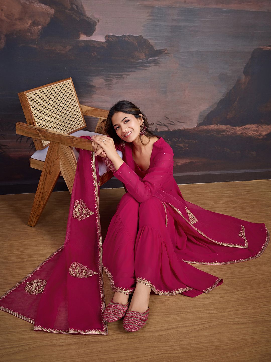 Dhiyona HOP U-Neck Anarkali Georgette Kurta & Sharara WithDupatta