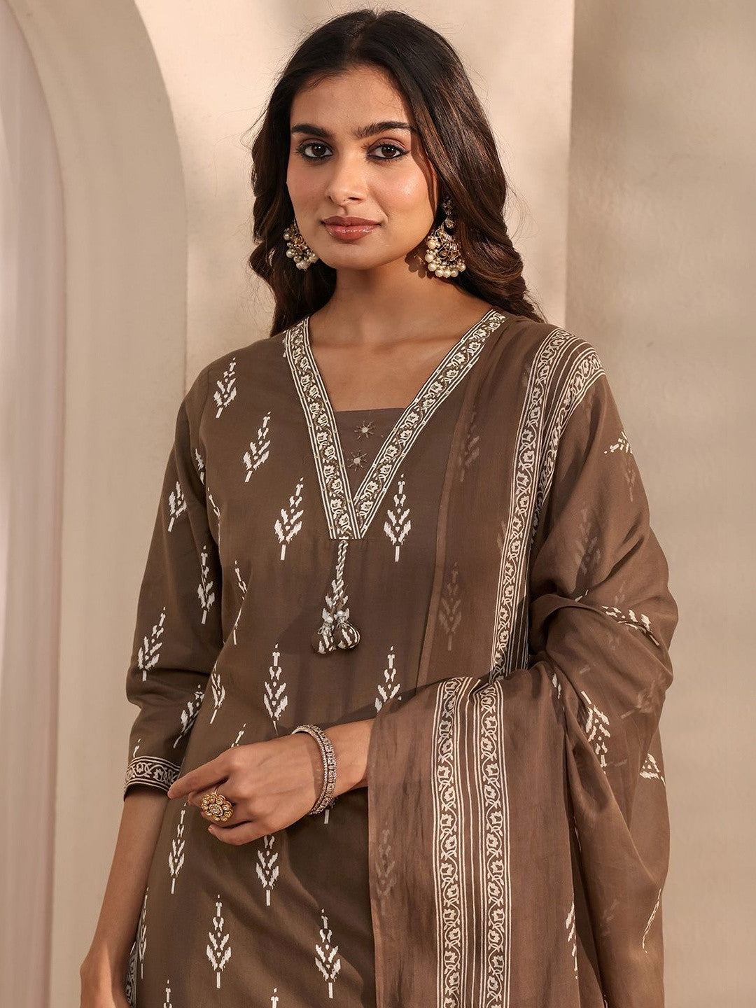 Brown Printed Cotton Suit Set with Dupatta