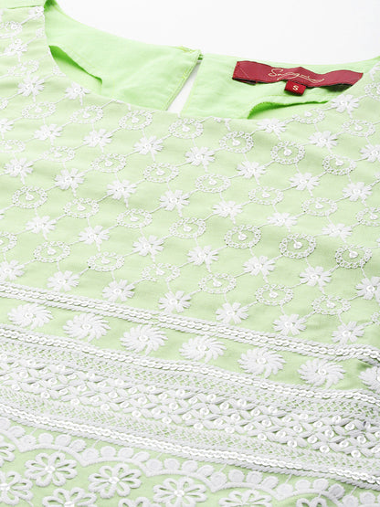 Floral Embroidered Mirror Work Kurta with Trousers