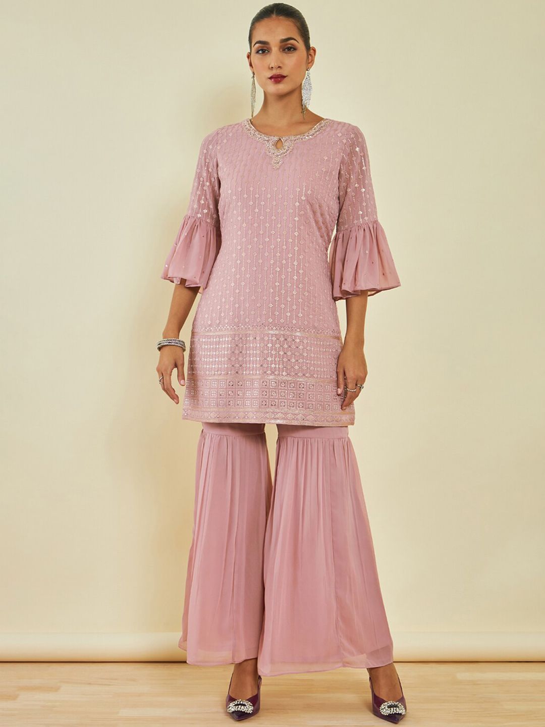 Dhiyona SO Women's Sequin Embellished Kurta with Sharara & Dupatta