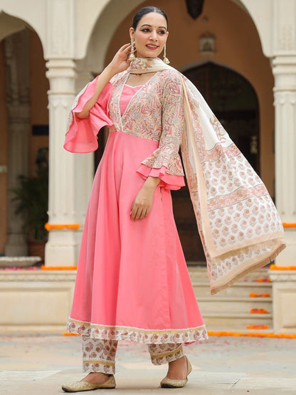 Dhiyona RR Women's Floral Printed Bell Sleeves Pure Cotton Kurta With Trousers & Dupatta