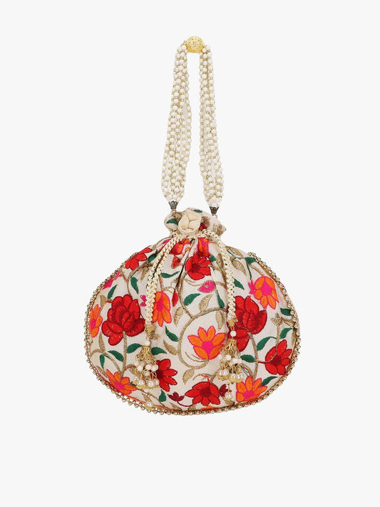 Dhiyona NR Cream-Coloured & Red Embroidered Tasselled Potli Clutch