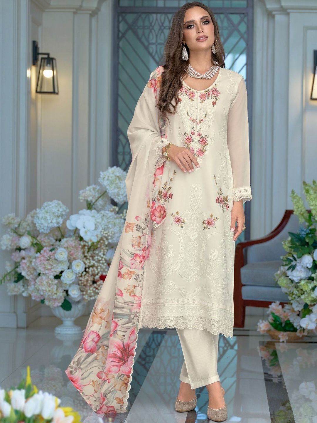 Floral Embroidered Thread Work Kurta With Trousers & Dupatta