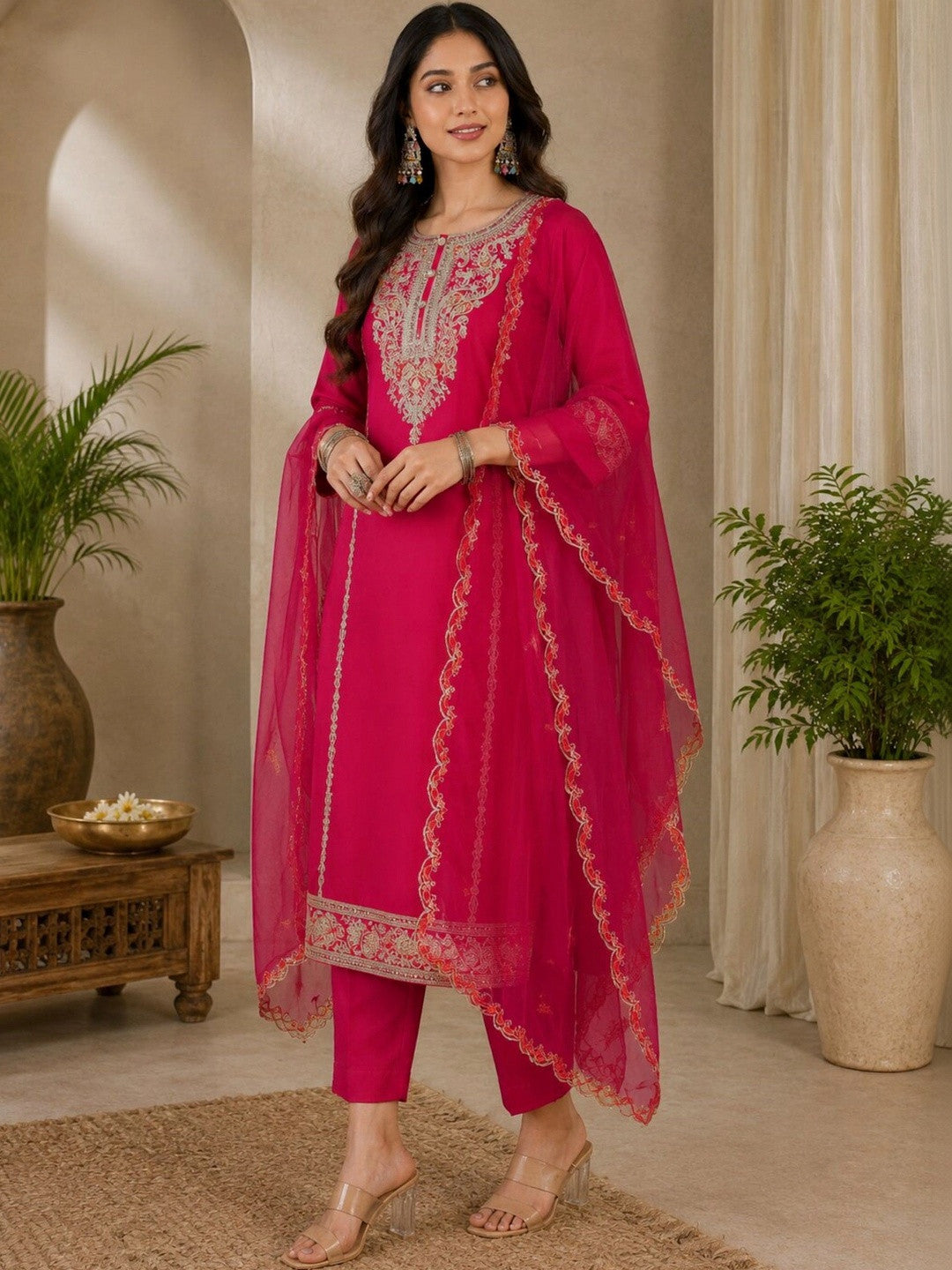 Women Ethnic Motifs Embroidered Regular Thread Work Kurta with Trousers & With Dupatta