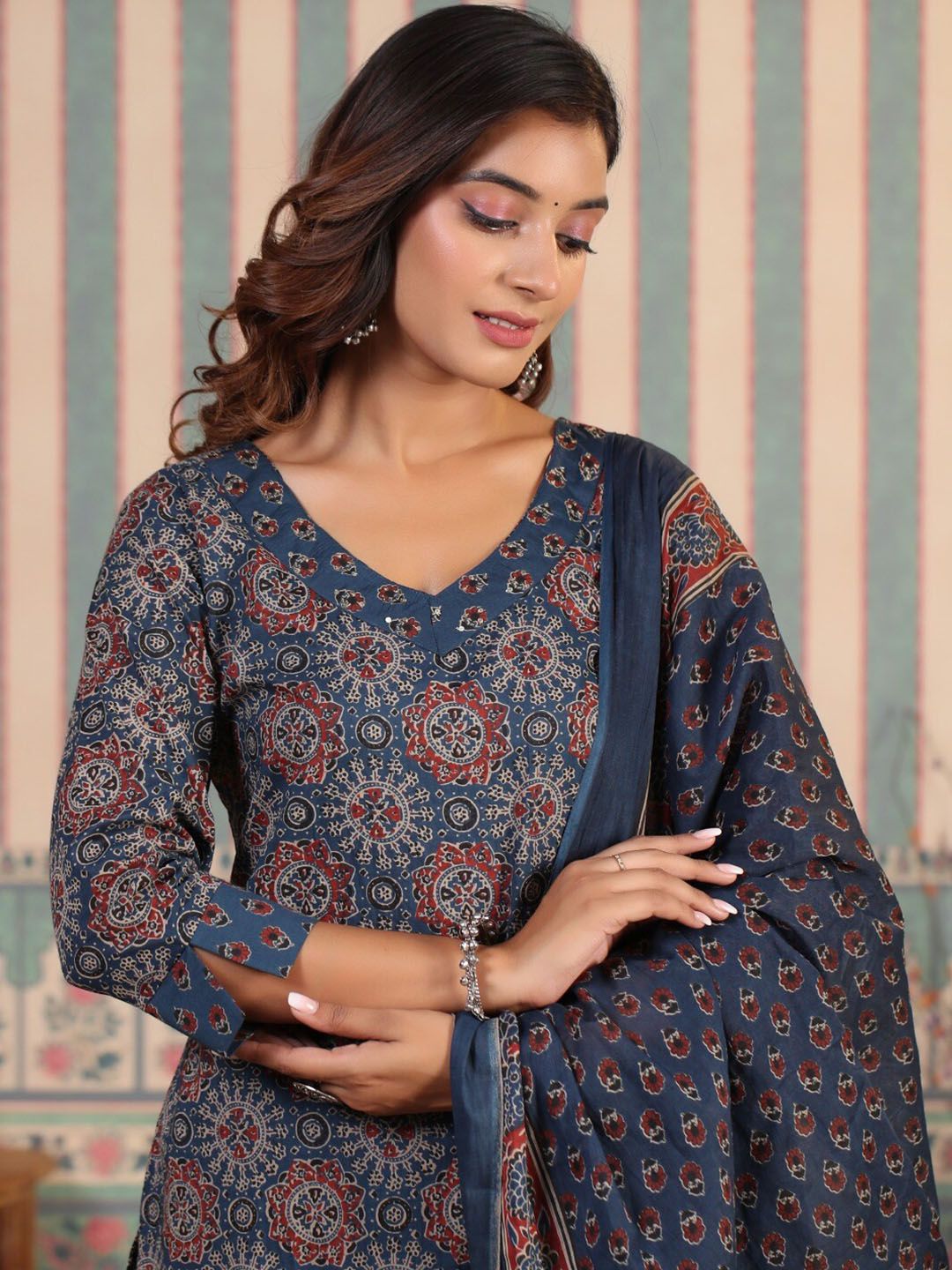 Dhiyona IS Women's ISHIN Sequinned Ajarakh Printed Cotton Straight Kurta with Printed Pants and Dupatta