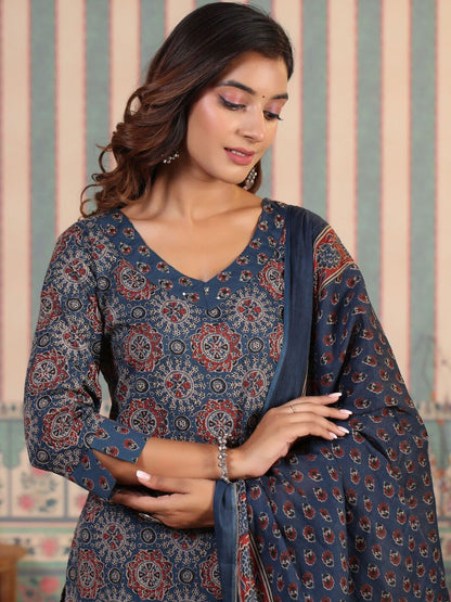 Dhiyona IS Women's ISHIN Sequinned Ajarakh Printed Cotton Straight Kurta with Printed Pants and Dupatta
